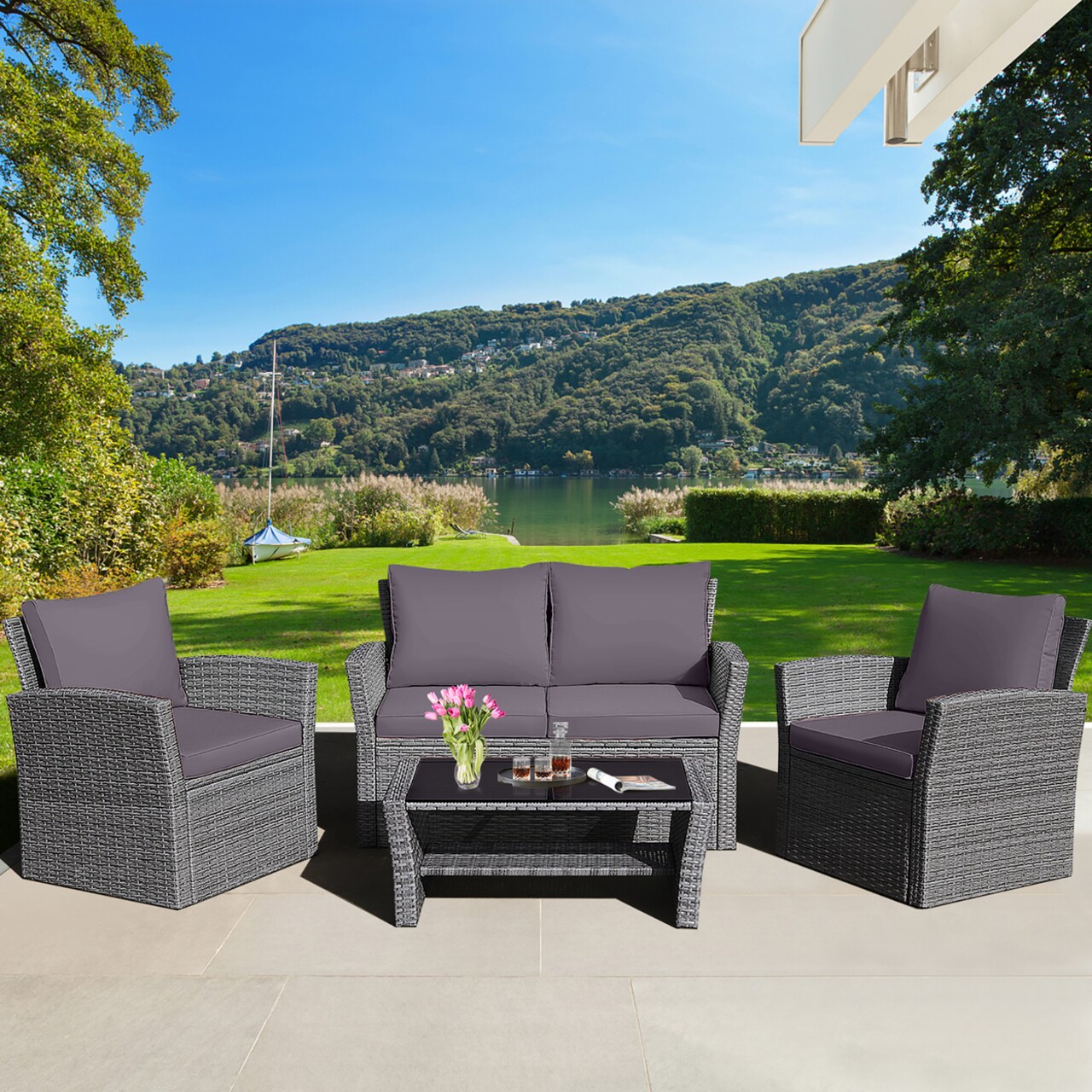4Pcs Patio Rattan Conversation Set Outdoor Furniture Set W/ Grey Cushions